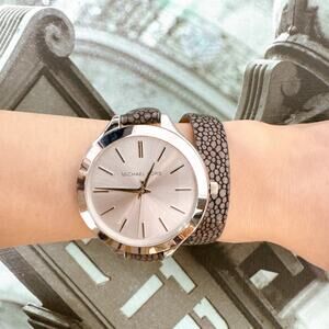 Michael Kors MK2475 Slim Runway Silver-Tone Leather Wrap Watch